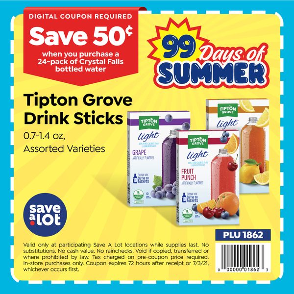 Save 50¢ on Tipton Grove Drink Sticks at Save A Lot