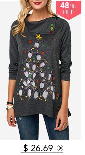 Button Embellished Penguin Print Long Sleeve Christmas T Shirt