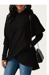 Black Asymmetric Hem Long Sleeve Pocket Hoodie