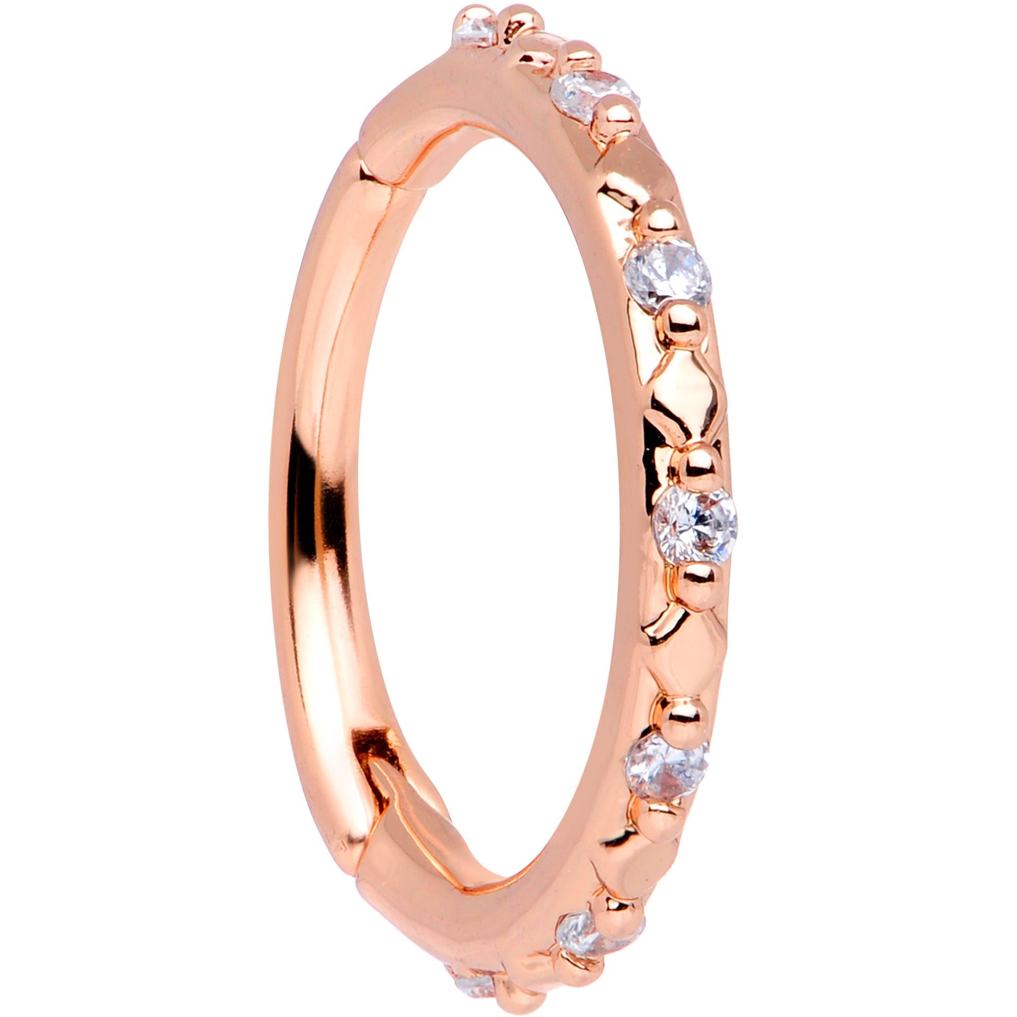 Image of 16 Gauge 3/8 Clear CZ Gem Rose Gold Tone Subtle Hinged Segment Ring