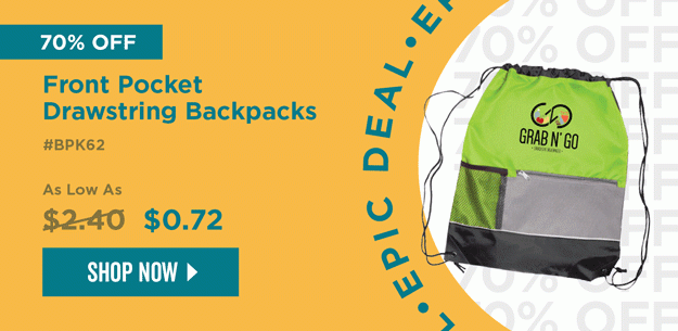 EPIC DEAL | 70% Off | Front Pocket Drawstring Backpacks | Item# BPK62 | No code needed | As low as $0.72 | Shop Now