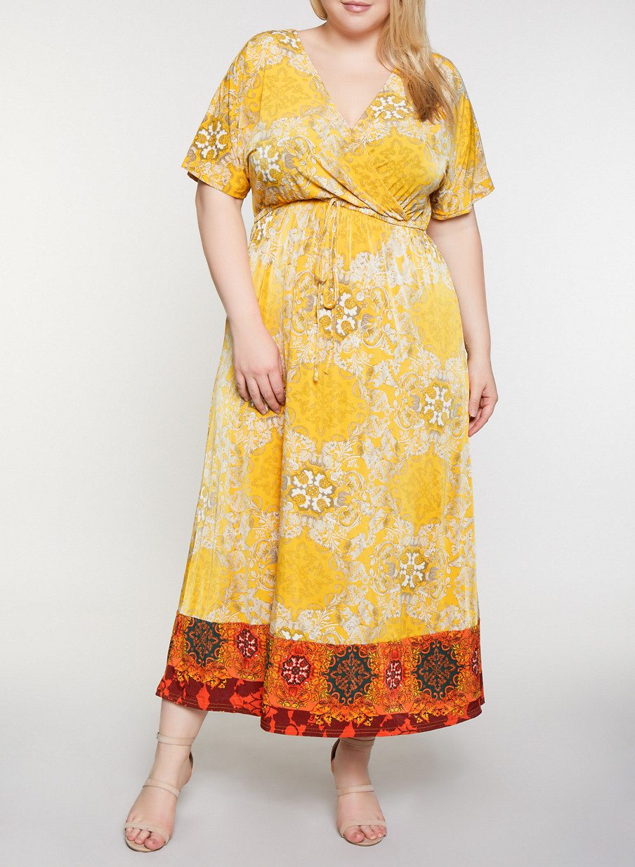 Plus Size Faux Wrap Border Floral Print Maxi Dress