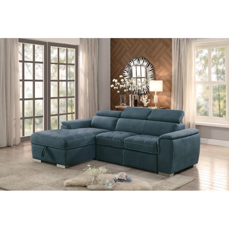 Ferriday Blue Sectional Sofa with Pullout Sofa Bed and Left-Side Storage Chaise