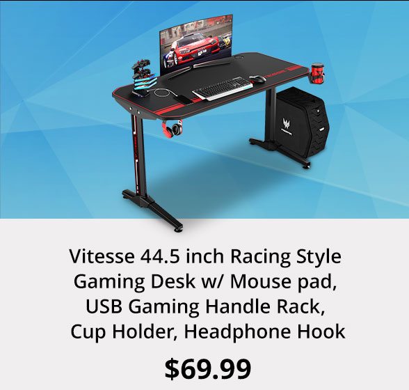 Vitesse 44.5 inch Racing Style Gaming Desk w/ Mouse pad, USB Gaming Handle Rack, Cup Holder & Headphone Hook