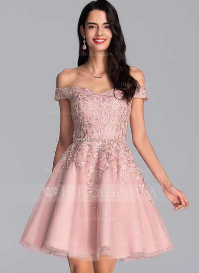 A-Line Off-the-Shoulder Short/Mini Tulle Prom Dresses With B...