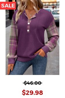 Purple Button Plaid Long Sleeve Split Neck Sweatshirt