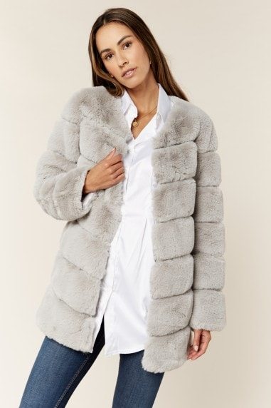 Silver Diagonal Cut Faux Fur Long Sleeve Jacket