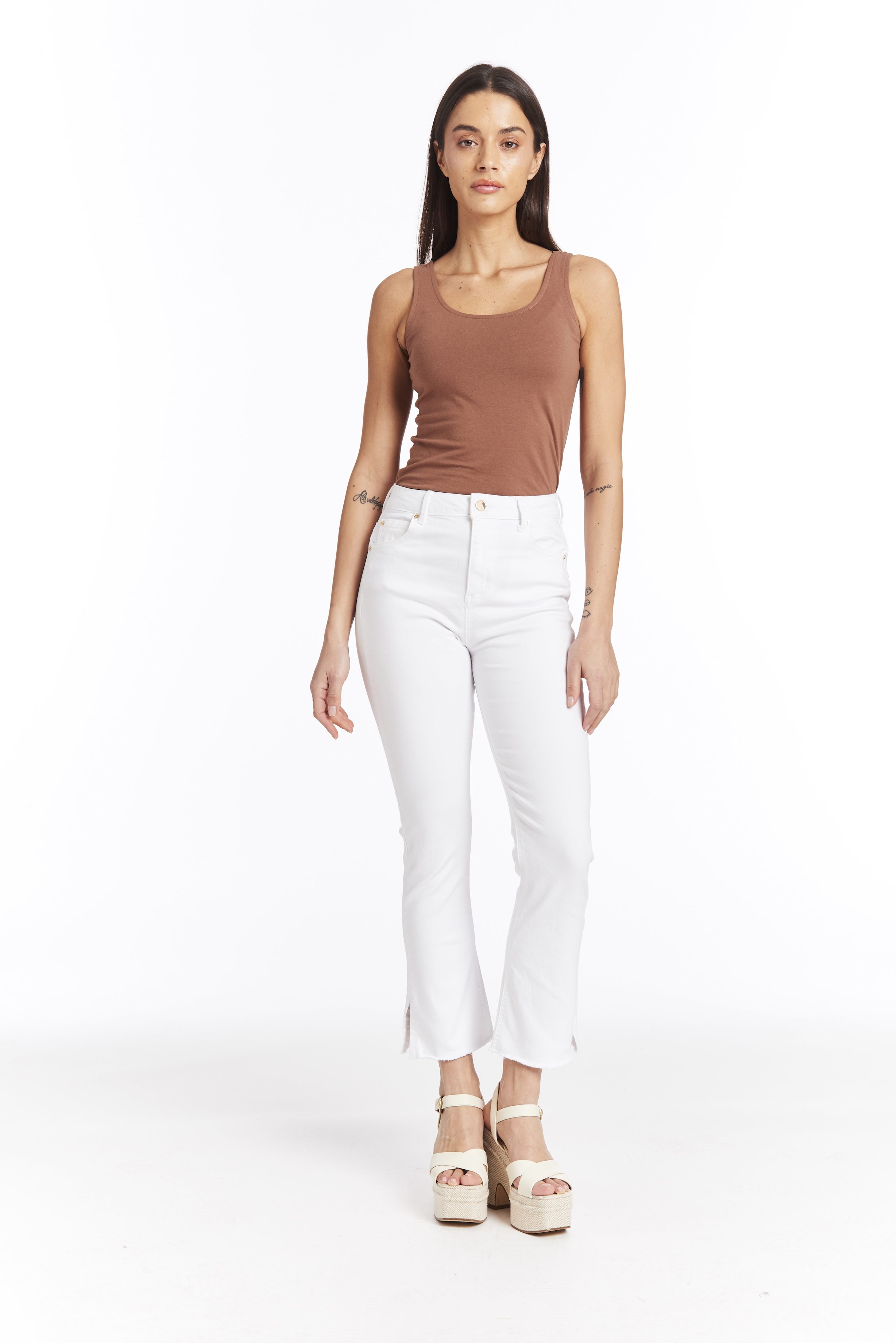 High Rise Crop Flare With Side Slit- White