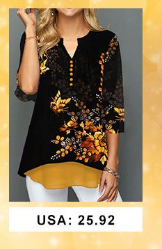 Split Neck Flower Print Button Detail Blouse