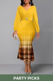 Plaid Yellow Long Sleeve V Neck Mermaid Dress