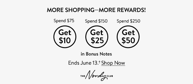 MORE SHOPPING-MORE REWARDS! Spend $75 Spend $150 Spend $250 Get $10 Get $25 Get $50 in Bonus Notes Ends June 13.* Shop Now THE CLUB 