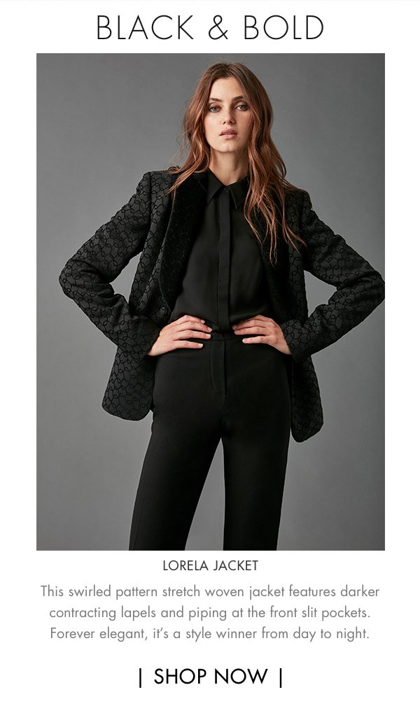 Black & Bold - Lorela Jacket - This Swirled pattern stretch woven jacket features darker contracting lapels and piping at the front slit pockets. Forever elegant, its a style winner from day to night.