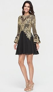 A-Line/Princess Scoop Neck Short/Mini Chiffon Homecoming Dress With Beading Bow(s) Cascading Ruffles (022164867)