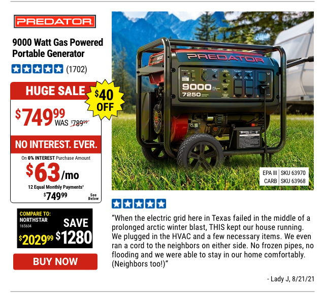 9000 Watt Gas Powered Portable Generator, EPA III