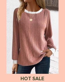 ROTITA Patchwork Dusty Pink Round Neck Long Sleeve Sweatshirt