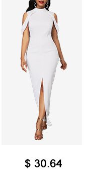 Zipper Back Cold Shoulder Front Slit White Dress