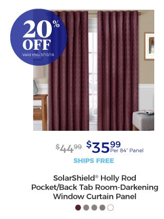 SolarShield® Holly Rod Pocket/Back Tab Room-Darkening Window Curtain Panel | $35.99 per 84” Panel | 20% off | Valid thru 3/10/18 | ships free