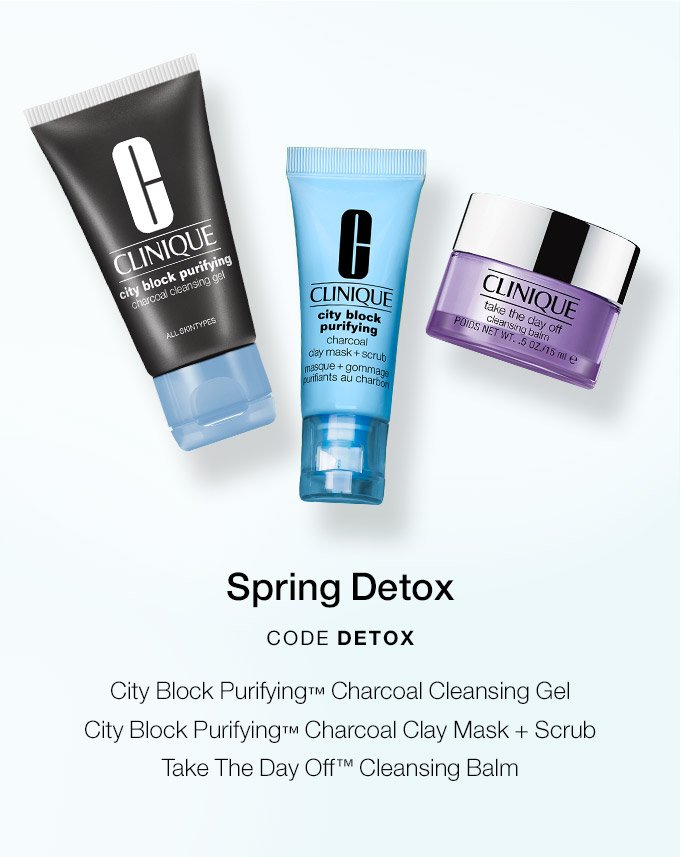 Spring Detox CODE DETOX City Block Purifying(TM) Charcoal Cleansing Gel City Block Purifying(TM) Charcoal Clay Mask + Scrub Take The Day Off(TM) Cleansing Balm