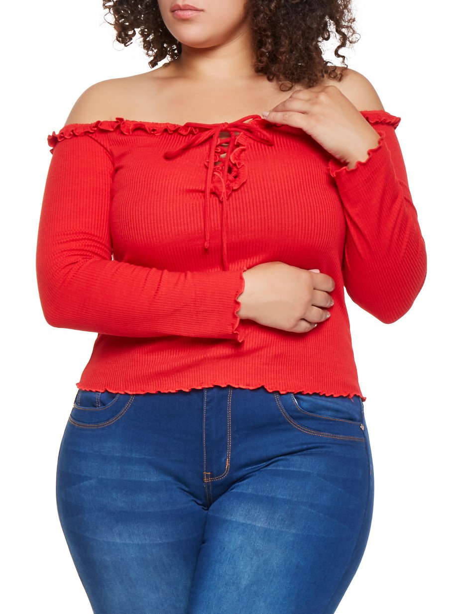 Plus Size Lace Up Off the Shoulder Top