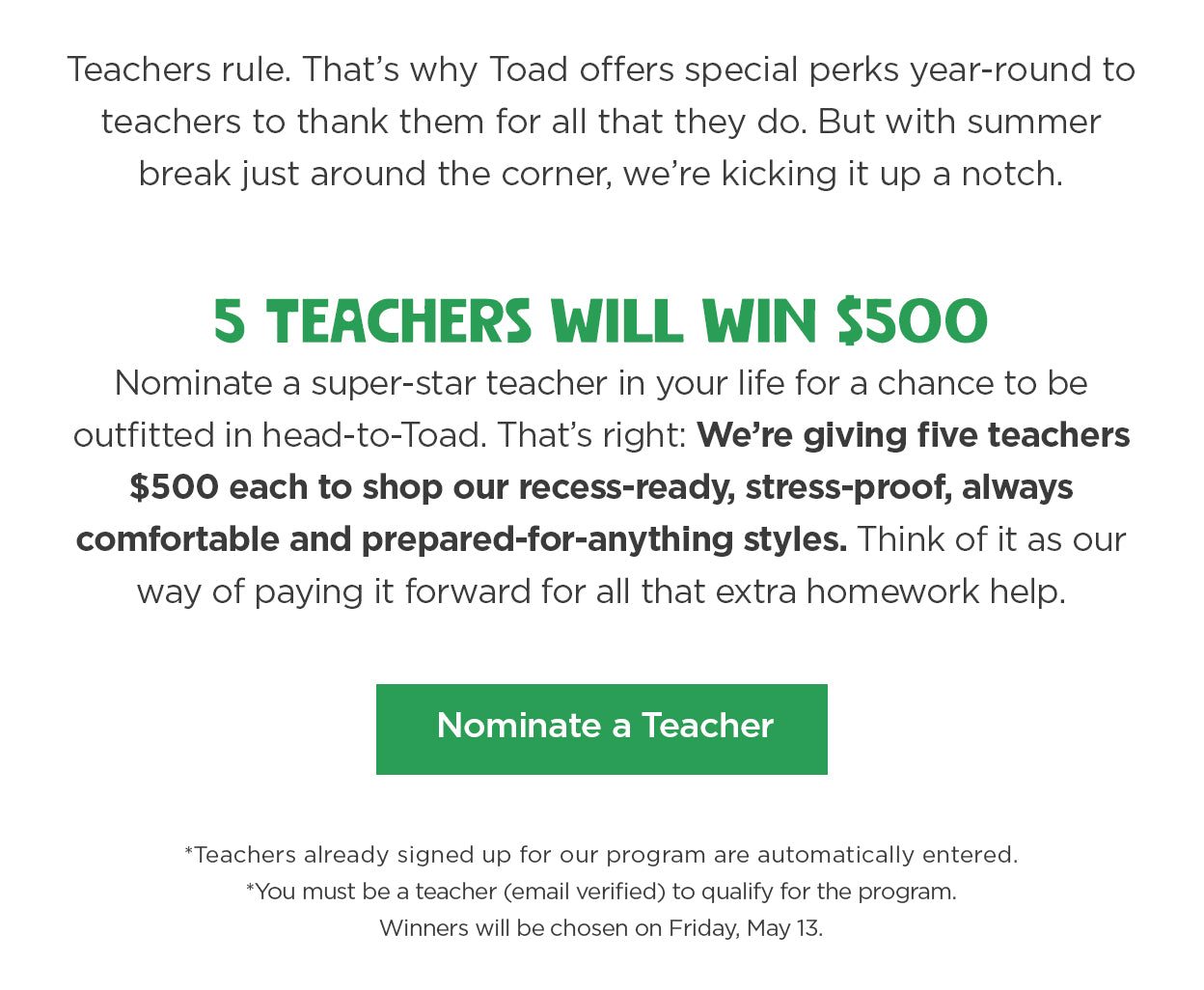 5 Teachers Will Win $500 to shop Toad&Co!