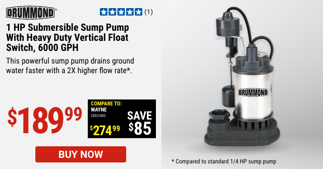 1 HP Submersible Sump Pump With Heavy Duty Vertical Float Switch, 6000 GPH