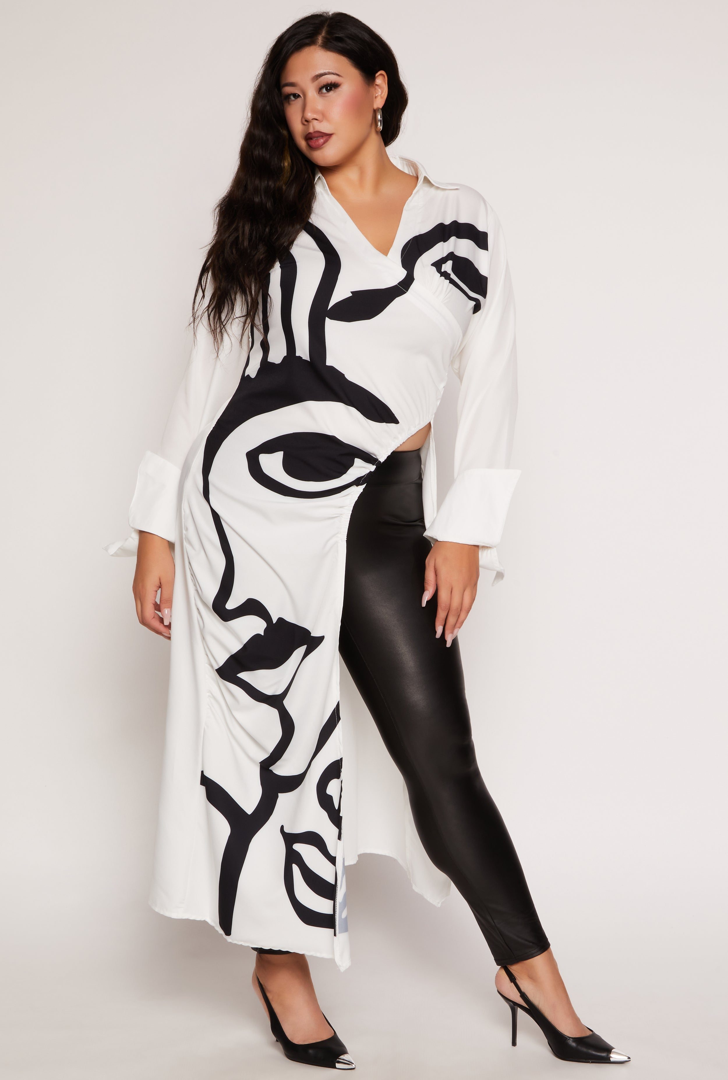 Plus Size Face Graphic Faux Wrap Shirt