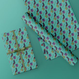 Brightly colored teal wrapping paper decorated with a sock and ornament print.