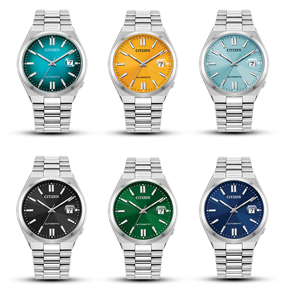 Image showcasing a panel of 6 Citizen Sport Luxury watches, arranged in a variety of colours - Green, Black, Orange, and 3 shades of blue ranging from light to dark. Click here to SHOP NOW