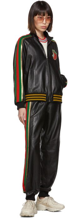 Gucci - Black Leather Strawberry Patch Track Jacket