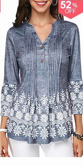 Split Neck Button Detail Printed Pleated Blouse