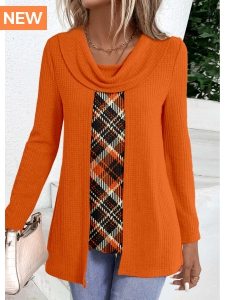 ROTITA Fake 2in1 Plaid Orange Draped Neck T Shirt