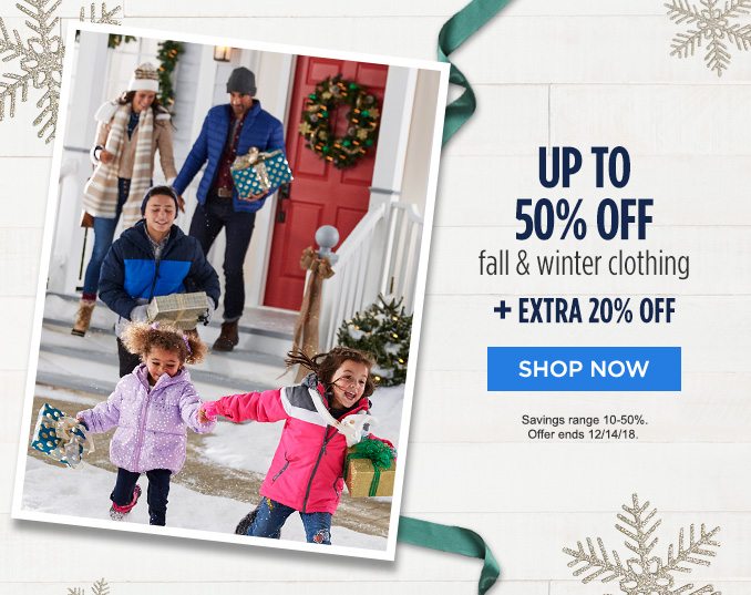 UP TO 50% OFF fall & winter clothing + EXTRA 20% OFF | SHOP NOW | Savings range 10-50%. Offer ends 12/14/18.