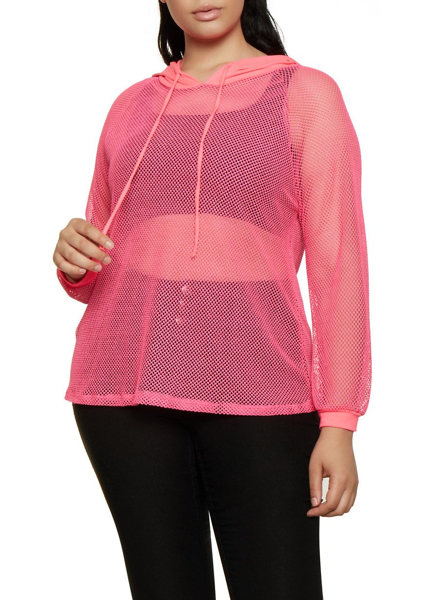 Plus Size Hooded Fishnet Sweatshirt