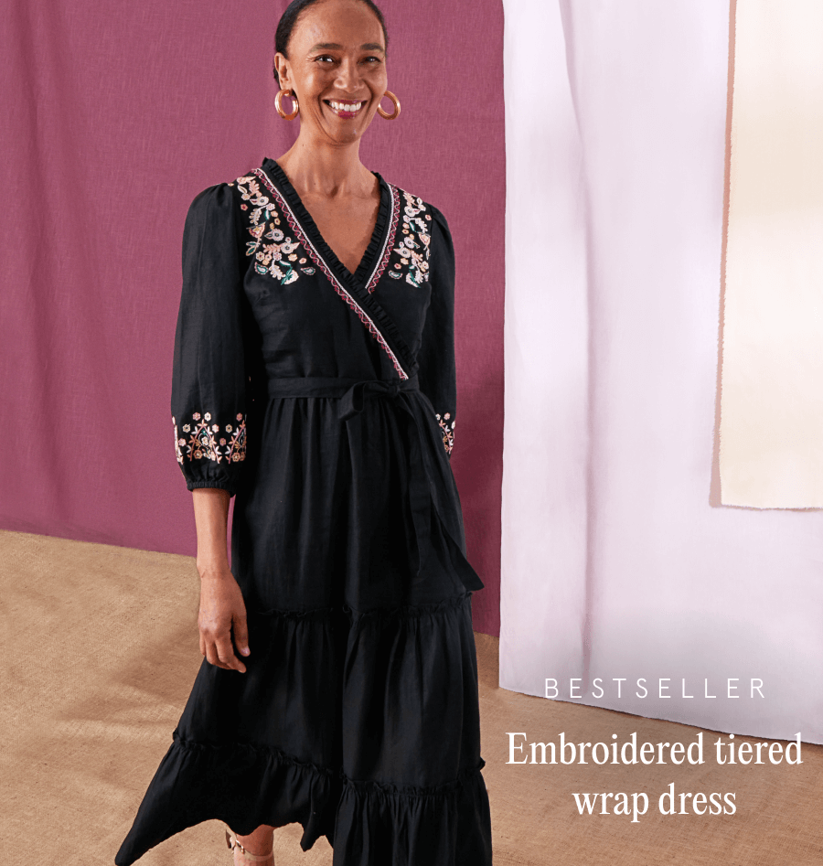 Embroidered tiered wrap dress in linen blend black