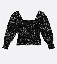 black-floral-shirred-square-neck-peplum-blouse