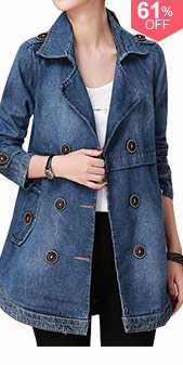 Button Embellished Notch Collar Long Sleeve Denim Coat