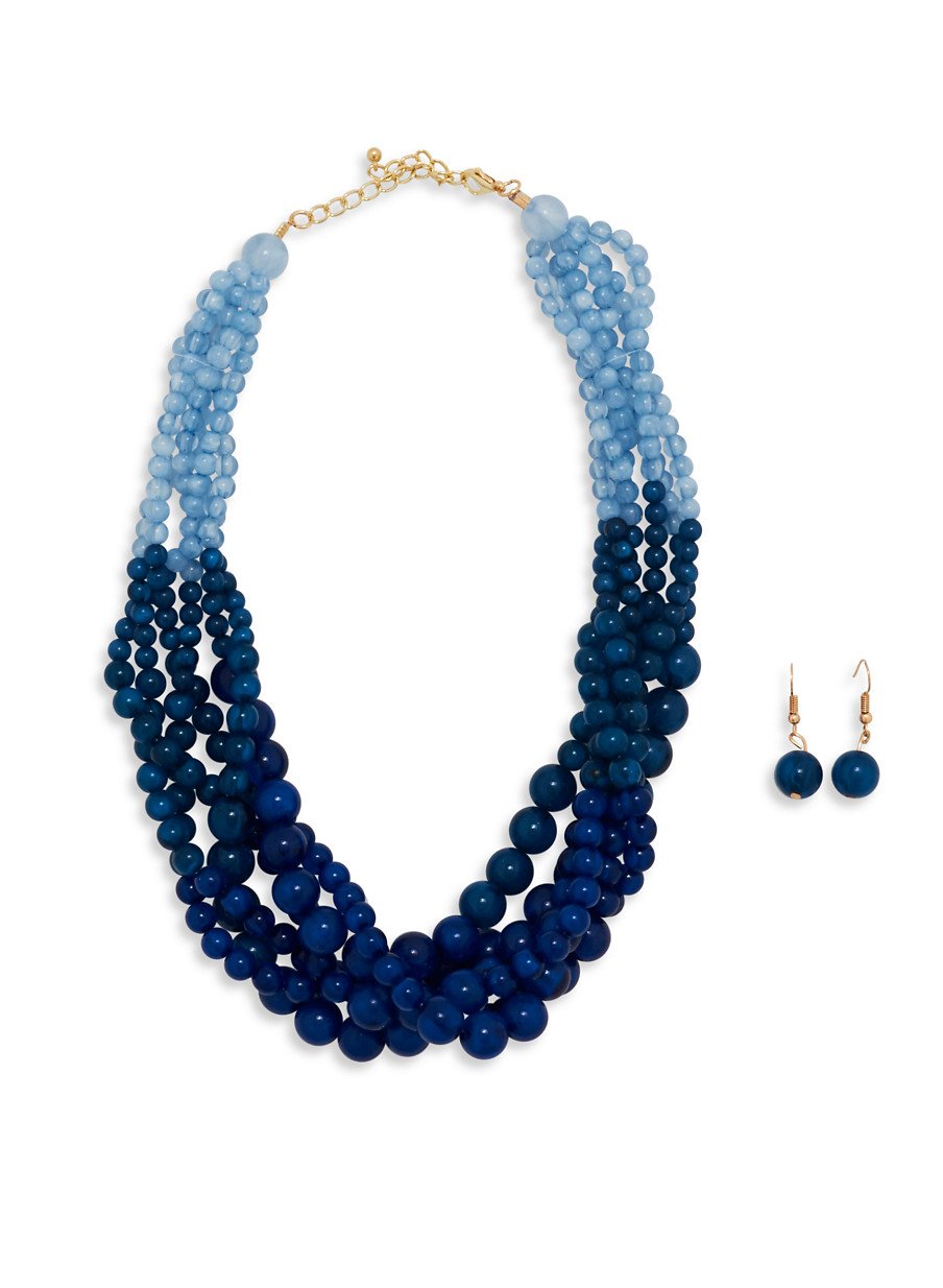 Tri Tone Glass Beaded Necklace with Earrings