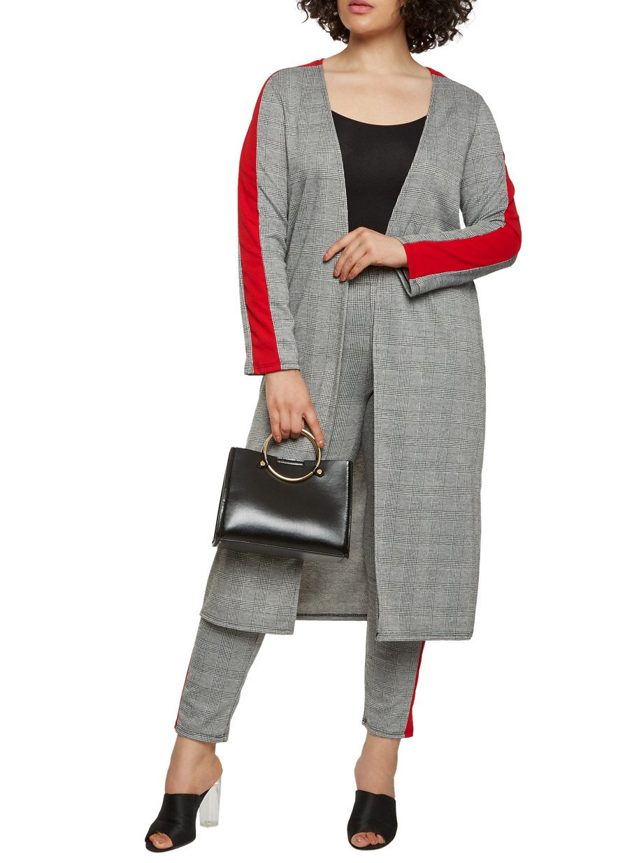 Plus Size Plaid Contrast Trim Duster