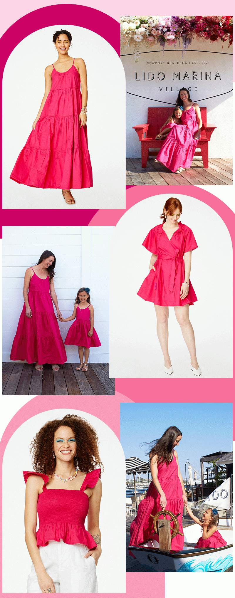 Grid collection of the new Roller Rabbit Hot Pink Poplin styles, the Dakota Dress, the Temmy Dress (now with belt), and the Dove Top