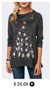 Button Embellished Penguin Print Long Sleeve Christmas T Shirt