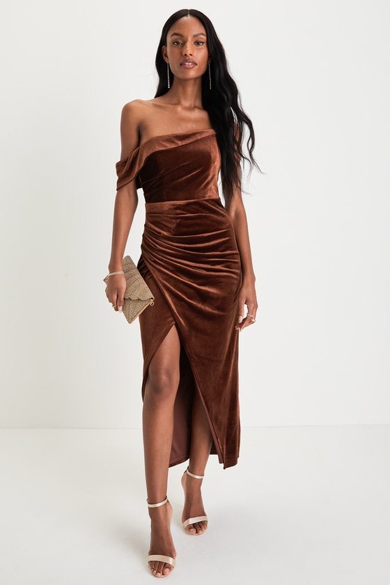 Image of Showing Off a Little Brown Velvet Asymmetrical Tulip Midi Dress