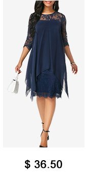 Three Quarter Sleeve Chiffon Overlay Navy Lace Dress