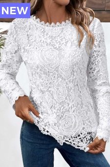 White Embroidery Long Sleeve Round Neck T Shirt