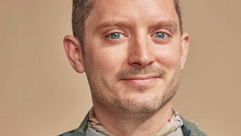 Elijah Wood posing in front of a brown wall.