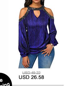 Cold Shoulder Embellished Neck Blue Shining Blouse