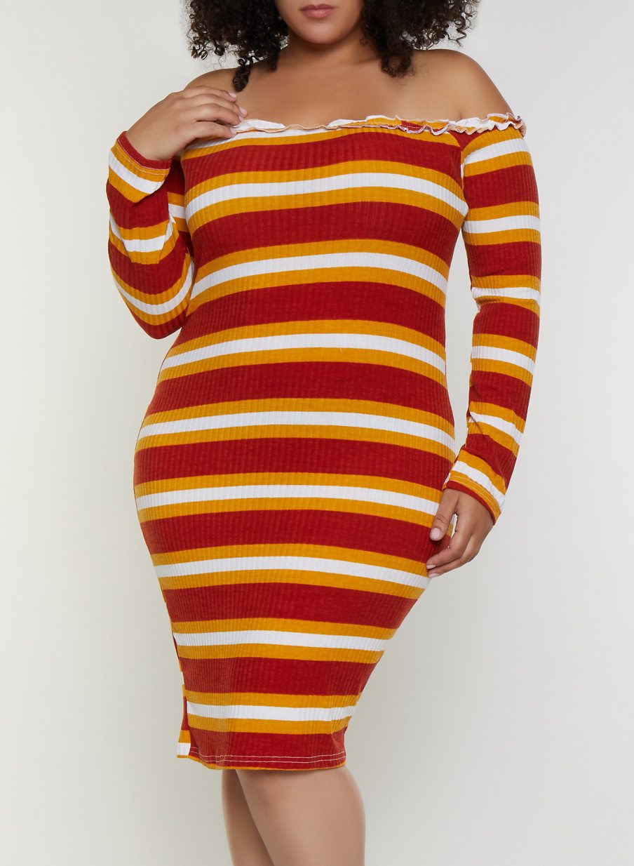 Plus Size Striped Lettuce Edge Off the Shoulder Dress