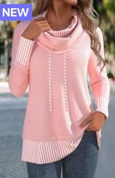 Light Pink Patchwork Striped Long Sleeve Cowl Neck Sweatshirt