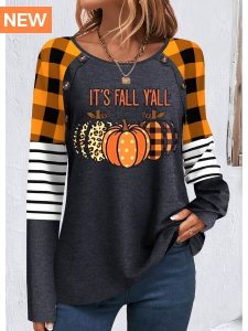 ROTITA Patchwork Halloween Print Orange Round Neck Sweatshirt