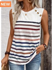 ROTITA Button Striped White Round Neck Tank Top