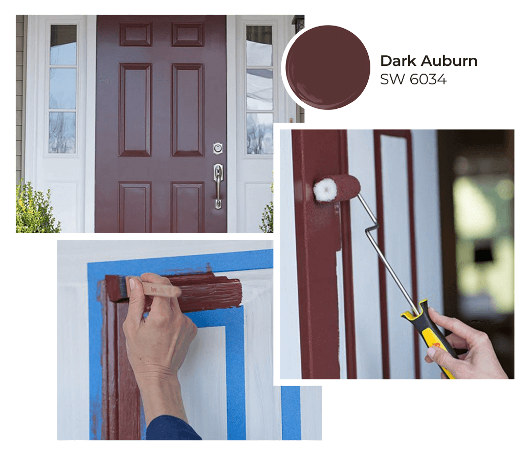 Images of a front door painted in Dark Auburn SW 6034.